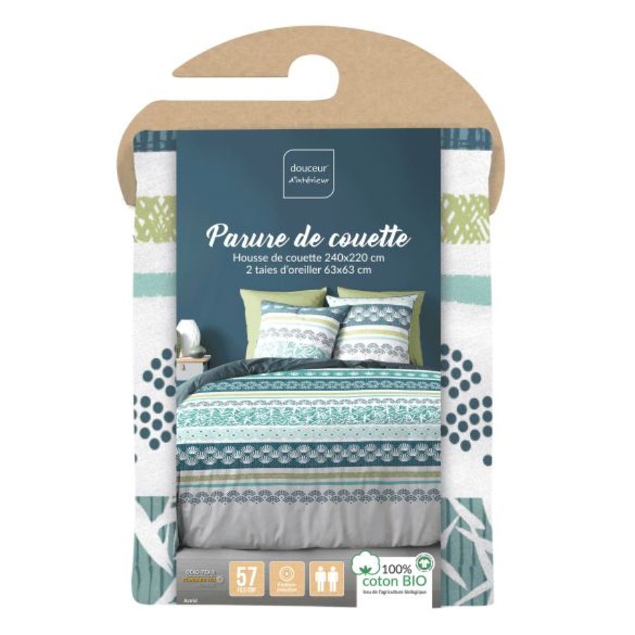 Housse de couette 220x240 cm + taies - Coton bio - Rayures, feuillage et éventails (5)