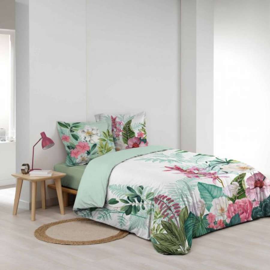 Housse de couette 220x240 cm + taies - 57 fils - Fleurs vertes, roses et blanches (3)