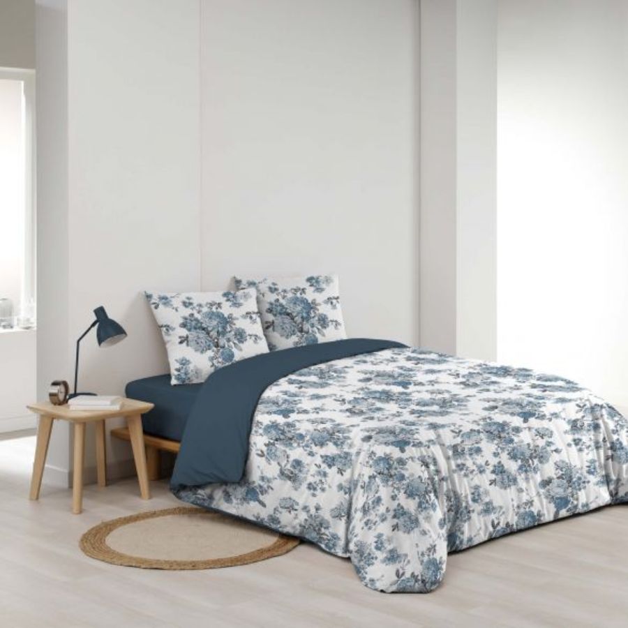 Housse de couette 220x240 cm + taies - Gaze de coton - Roses bleues (2)