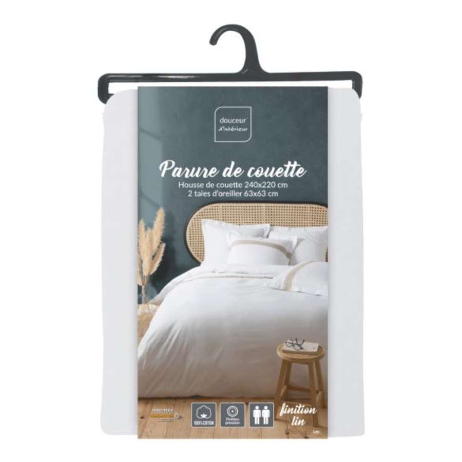 Housse de couette 220x240cm + taies - 57 fils - Uni Blanc, finition Lin (4)