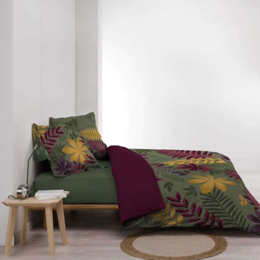 Housse de couette 220x240 cm + taies - Feuillage vert, violet et moutarde (4)