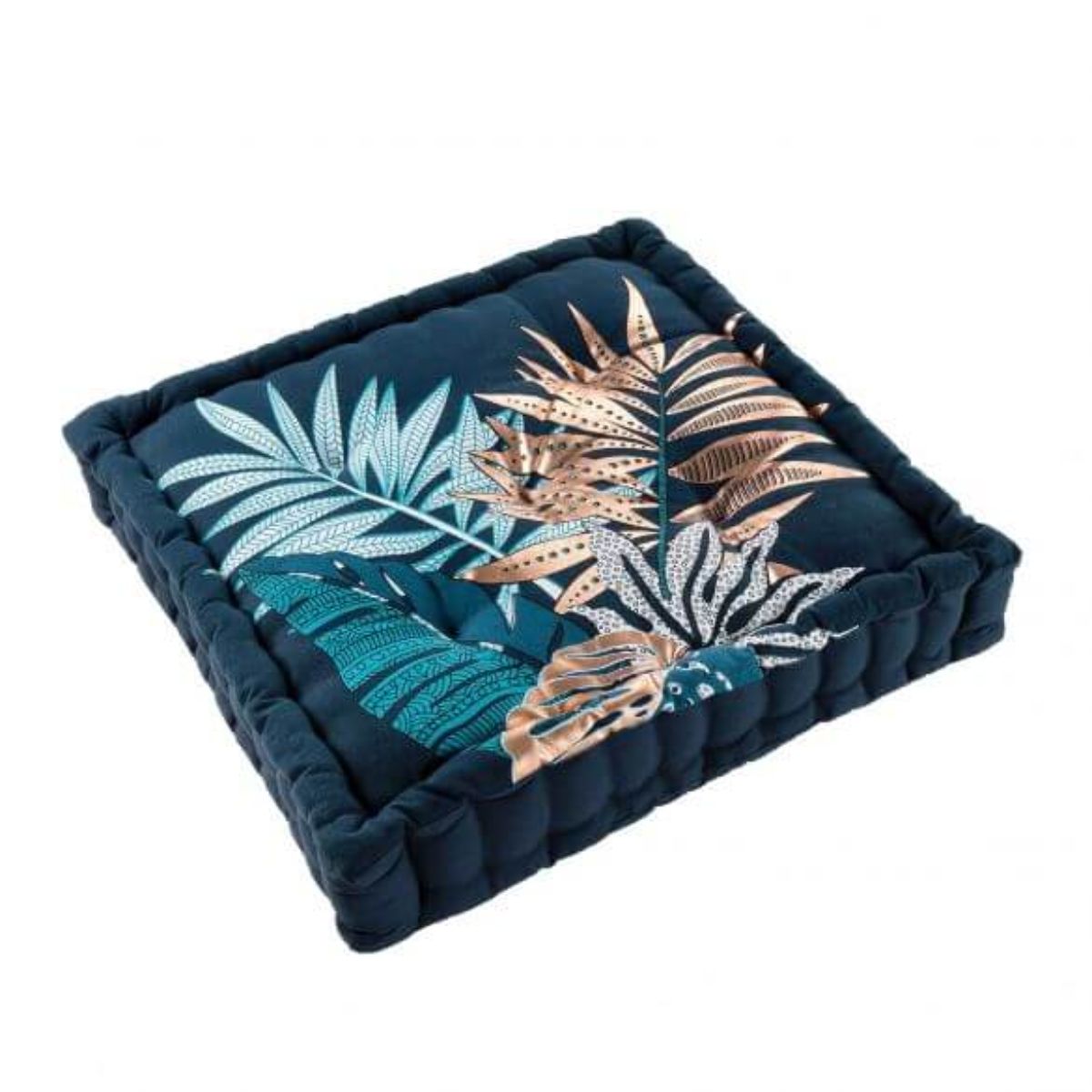 coussin-sol-60x60cm-feuillage-bleu-cuivre-métallisé