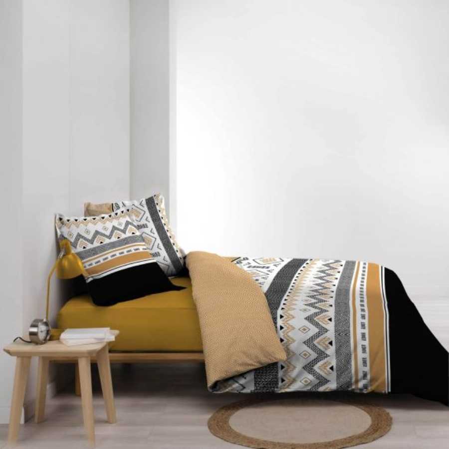 Housse de couette 220x240 cm + taies - Percale - Formes graphiques noir, camel et blanc (1)