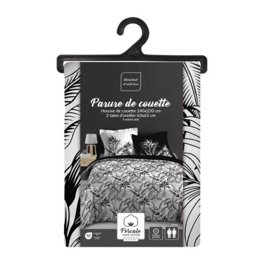 Housse de couette 220x240 cm + taies - Percale - Feuillage tropical noir et blanc (4)