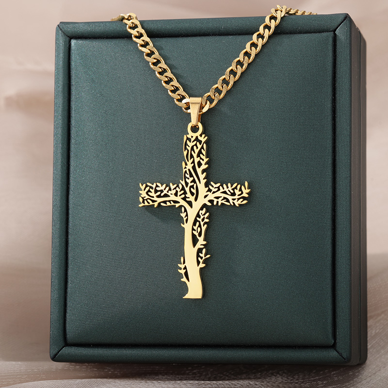 Colliers en acier inoxydable pour hommes et femmes, arbre, croix, présidence, document en or, pendentif cubain, bijoux masculins et féminins, cadeau d\'anniversaire