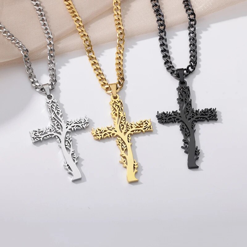 Colliers-en-acier-inoxydable-pour-hommes-et-femmes-arbre-croix-pr-sidence-document-en-or-pendentif