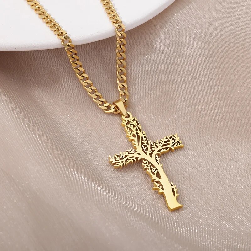 Colliers-en-acier-inoxydable-pour-hommes-et-femmes-arbre-croix-pr-sidence-document-en-or-pendentif