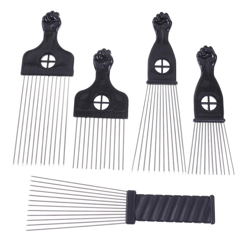 Peigne-afro-en-m-tal-avec-poing-noir-brosse-cheveux-africaine-outil-de-coiffure-pour-salon