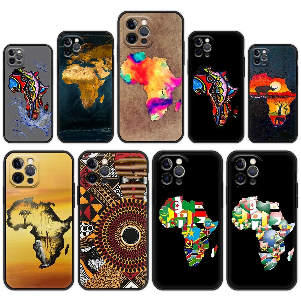 Coque de téléphone en silicone pour iPhone, coque peinte, carte de l\'Afrique, géographie, luxe, iPhone 13, 15, 14, 12, 11 Pro MAX, Poly X, SE, XS, 7, 8 Plus