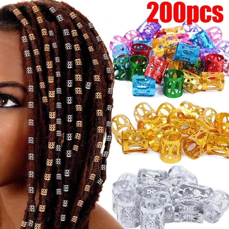 Anneaux de Cheveux Dreadlock en Or et Argent, réinitialisation de Manchette Réglable, Perles, Épingle, Bijoux, Accessoires, 100 ou 200 Pièces
