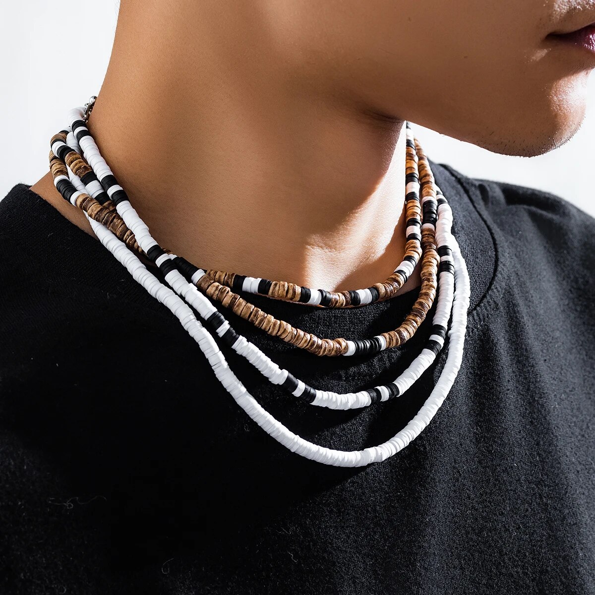 KunJoe-Collier de perles en bois naturel pour homme, argile douce, rétro, africain, surf, tribal, bijoux de fête, cadeau, ensemble de 4 pièces
