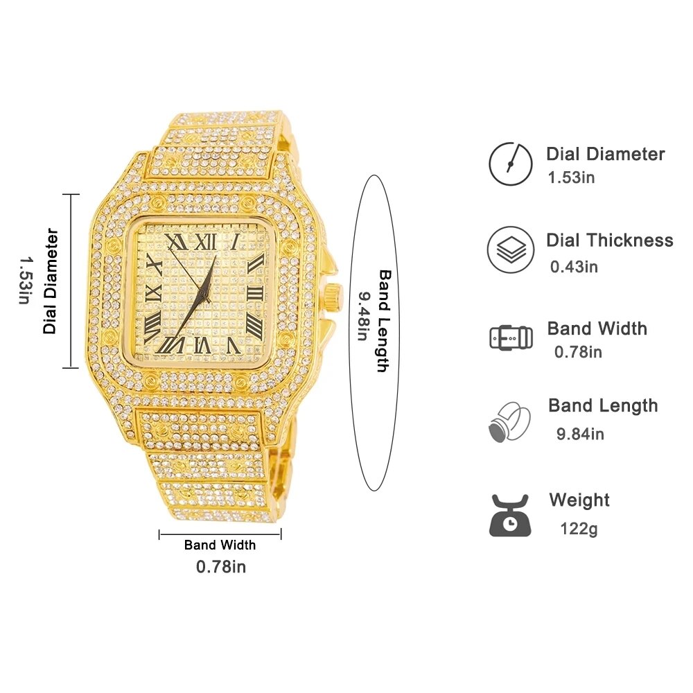 Montre en or avec biscuits pavés pour hommes, Hip Hop, Miami Curb, Cuban, JOIced Out, Bling, Collier, Montre, Bracelet, Bijoux