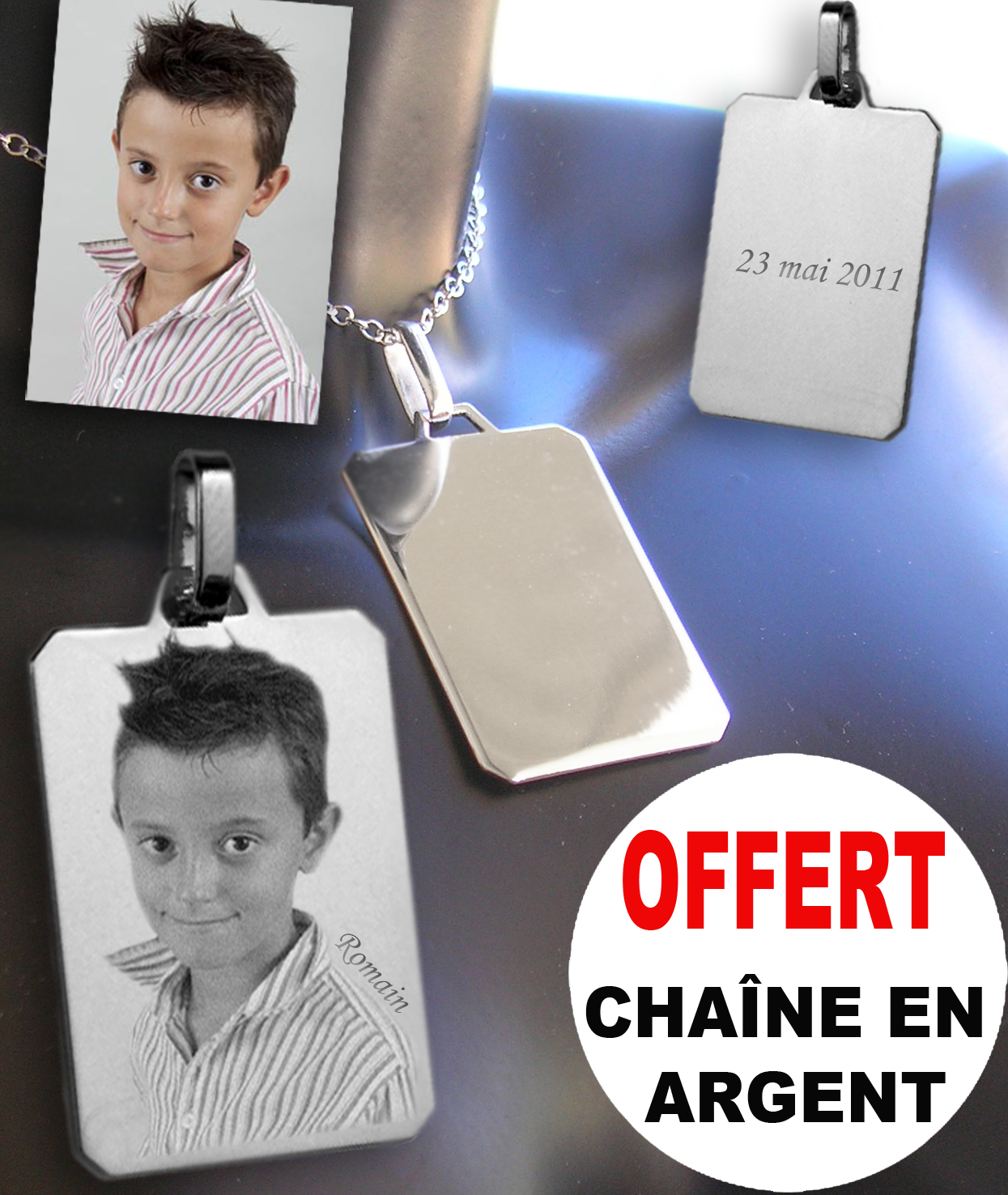 Gravure de votre photo sur pendentif en argent pour