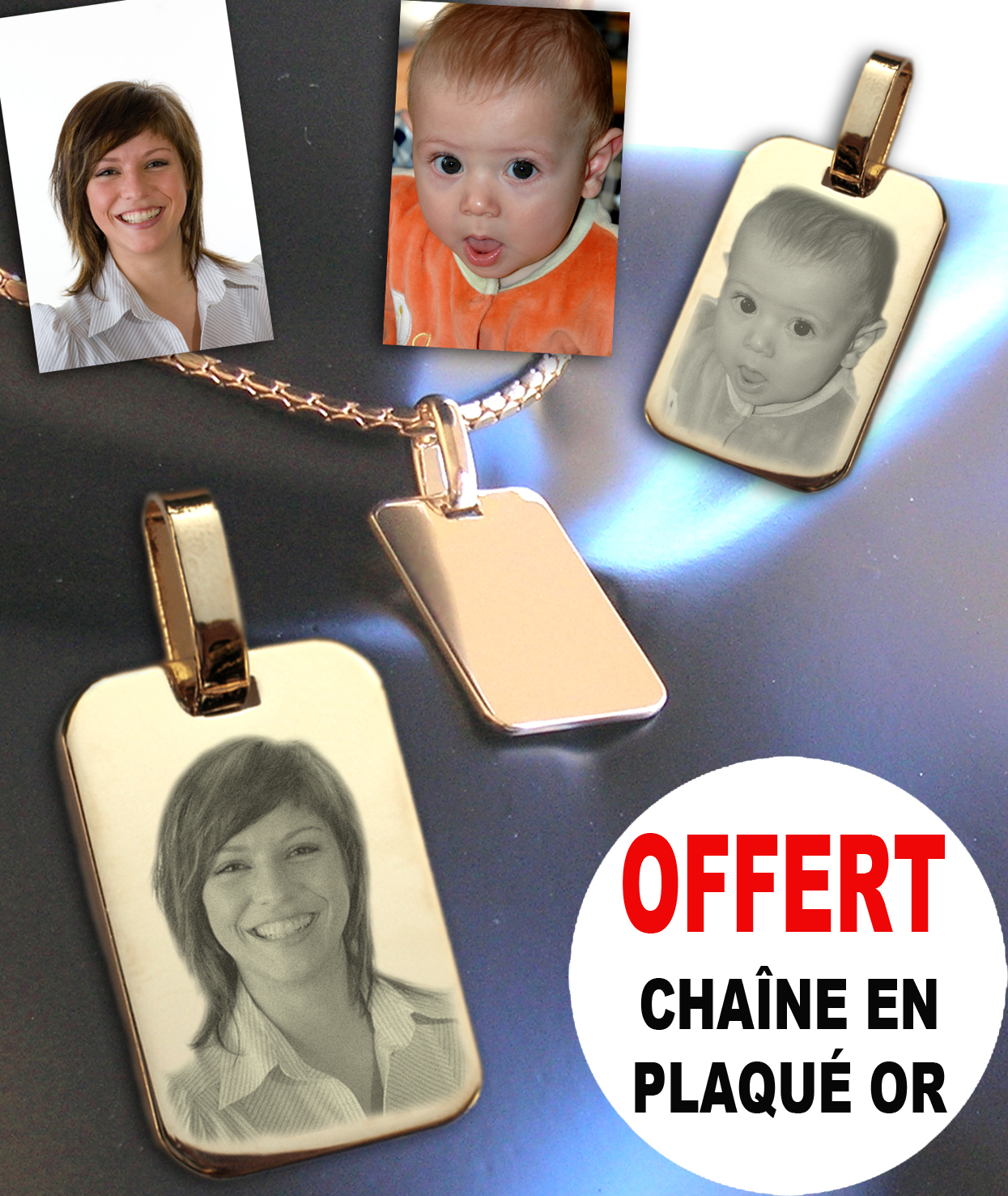 Pendentif plaqué or gravure texte et photo