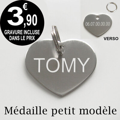 Gravure petite médaille coeur chat et chien