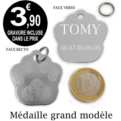 Gravure nom médaille patte identité animal chien