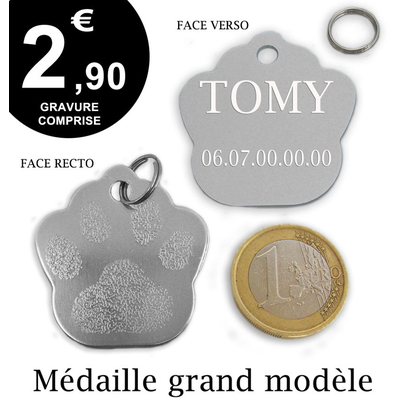 Gravure nom médaille patte identité animal chien