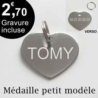 Gravure petite médaille coeur chat et chien