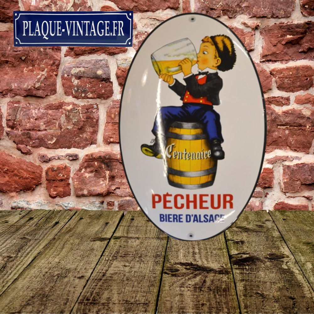 plaque émaillée bière dAlsace pêcheur