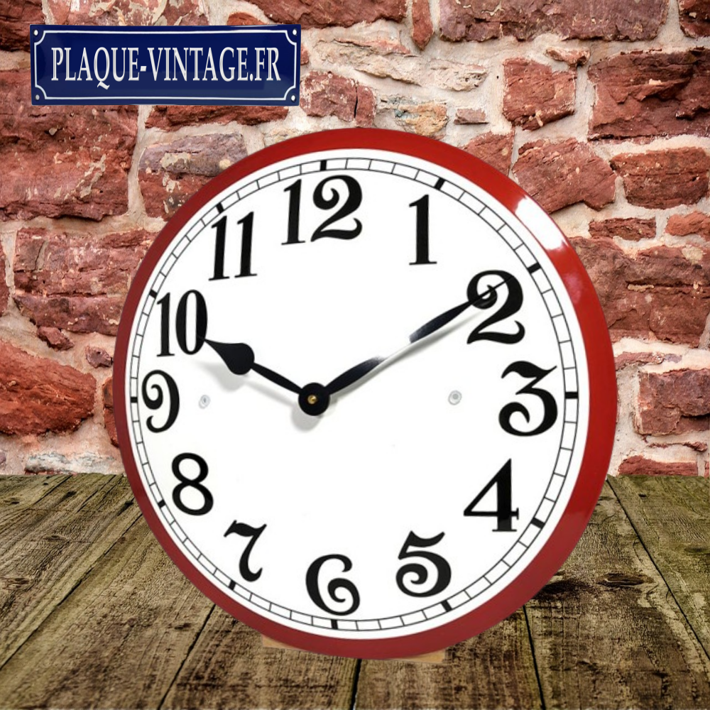 horloge émaillée rouge et blanche rétro