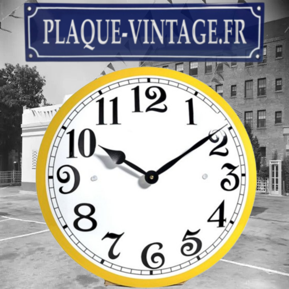 horloge émaillée blanche et jaune rétro