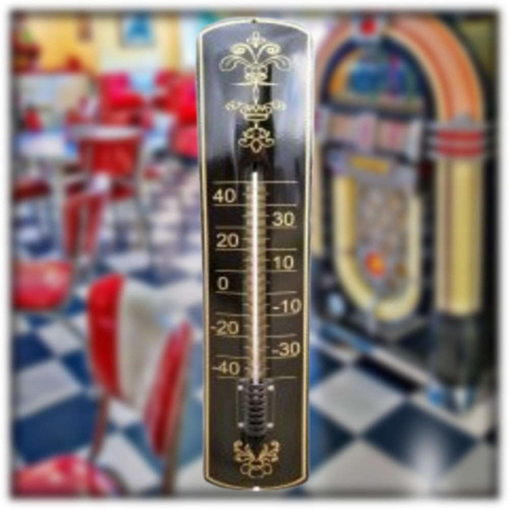 thermomètre émaillé noir motifs dorés 65cm