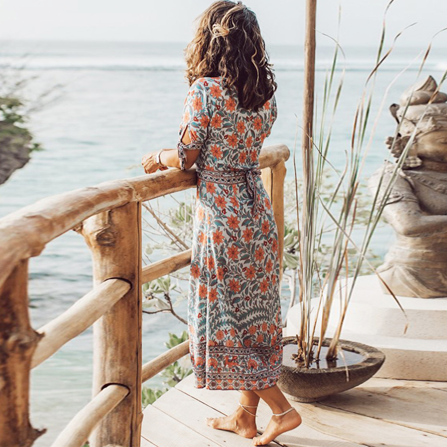 Robe portefeuille V imprimée bleu femme boho 2