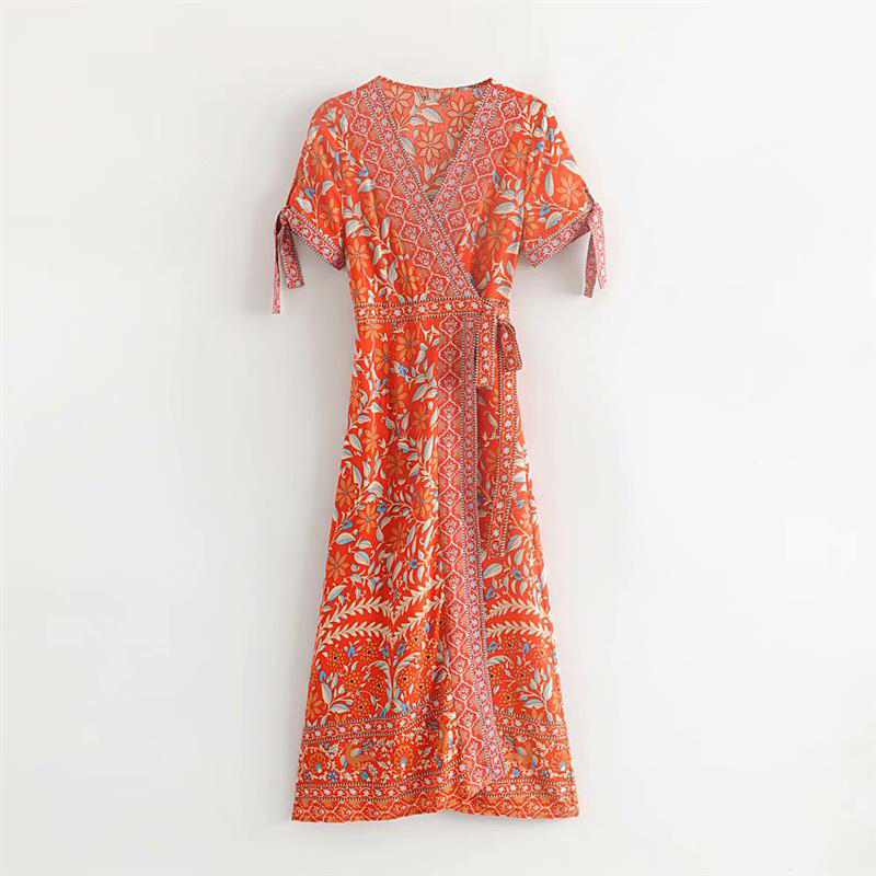 Robe portefeuille V imprimée bleu femme boho 11