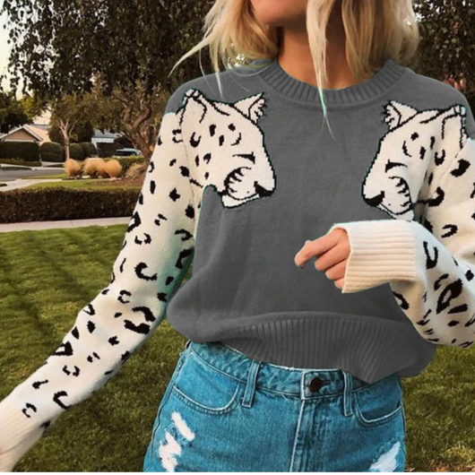 Pull sweat gris lion leopard dessin mode femme automne hiver 2020 en ligne