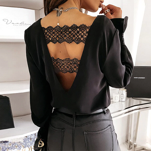 blouse noire dos nu ouvert broderie dentelle vêtement femme