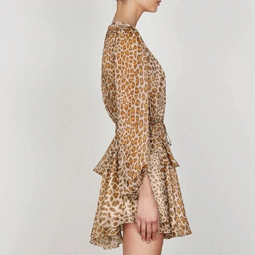 robe imprimé léopard courte à manches longues et volants pour femme