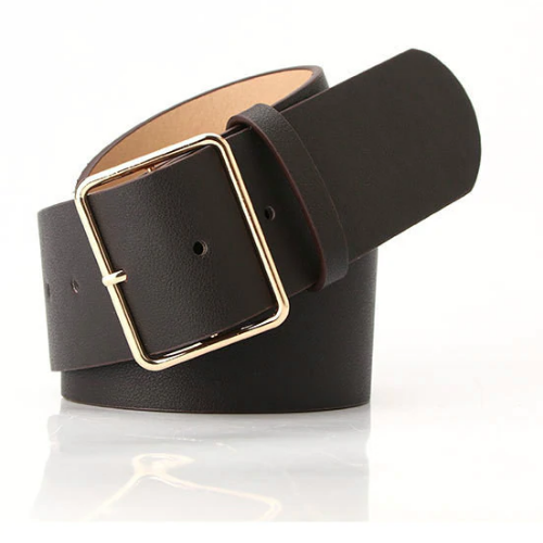 ceinture marron foncé café cuir pu boucle dorée carrée