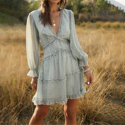 robe courte verte imprimée fleurie volants manches longues femme