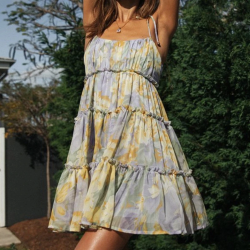 robe courte à bretelles et volants imprimée fleurie femme pas chère