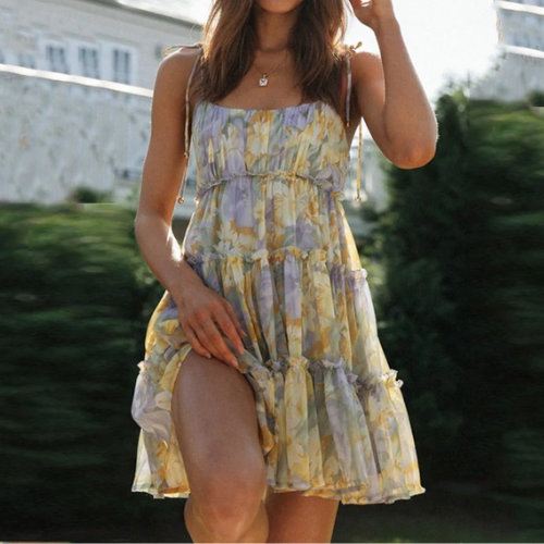 robe courte à bretelles et volants imprimée fleurie femme vintage