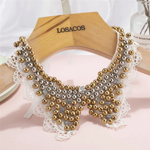 collier faux col claudine tendance à perles et strass nacrées tendance