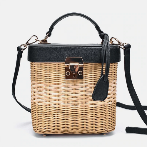 sac à main chic en paille tressé cuir noir femme