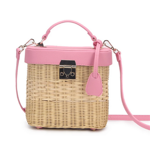 sac à main chic en paille tressé rose noir femme