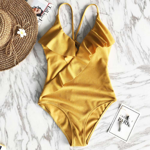 maillot de bain une pièce jaune à volants chic femme tendance en ligne
