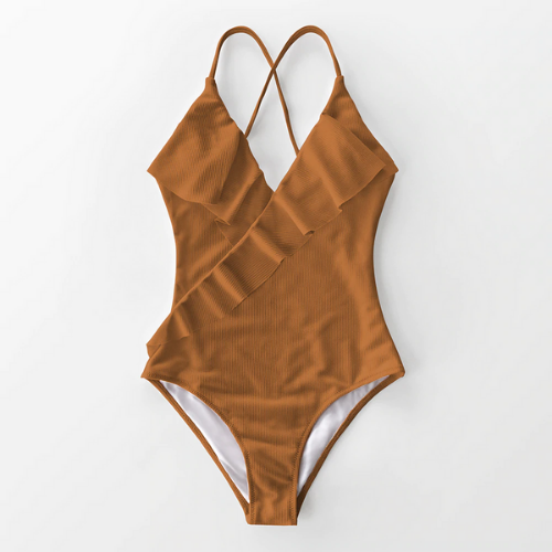 maillot de bain une pièce jaune moutarde à volants chic femme pas cher