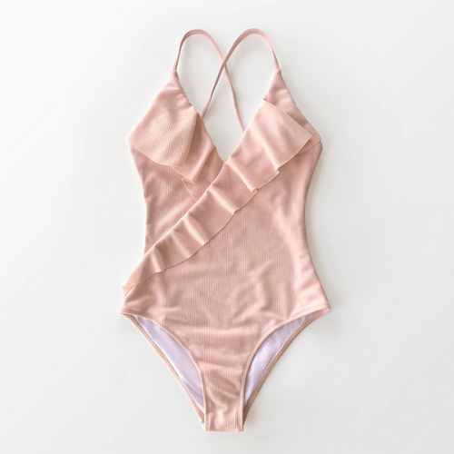 maillot de bain une pièce rose pâle à volants chic femme