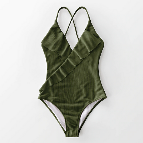 maillot de bain une pièce vert kaki à volants chic femme