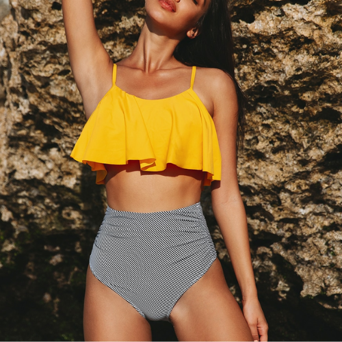 maillot de bain 2 pièces femme culotte haute jaune et noir