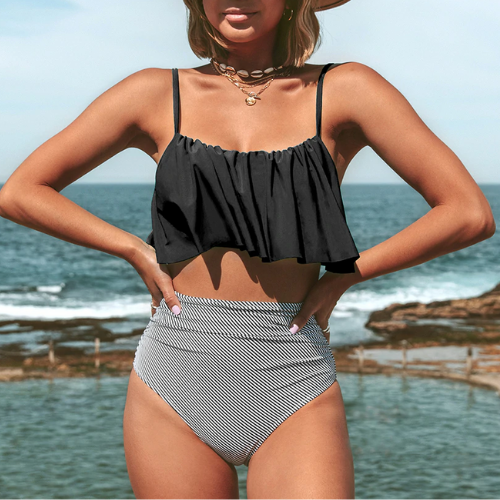 maillot de bain 2 pièces femme culotte haute noir à volants