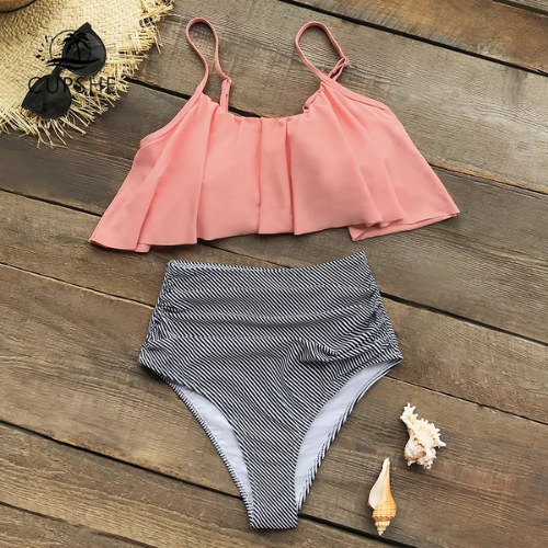 maillot de bain 2 pièces femme culotte haute rose et noir bikini