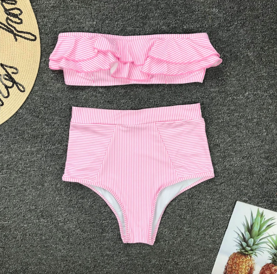 Maillot de bain 2 pièces rayé deauville femme rose volants taille haute