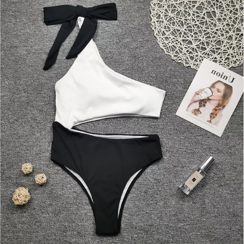 maillot de bain une pièce asymétrique noir et blanc femme 2021