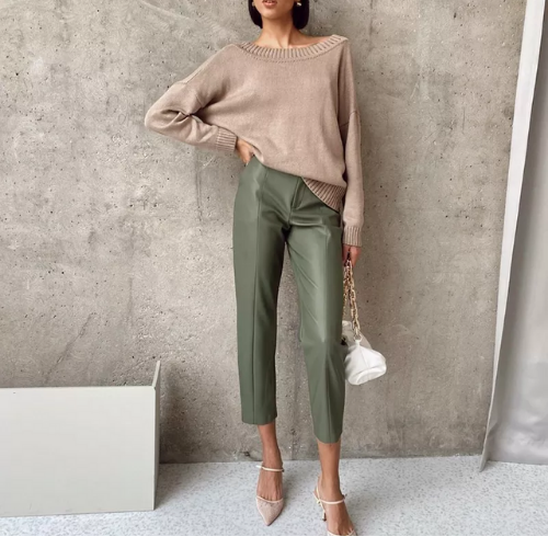 pantalon vert kaki cuir pu femme