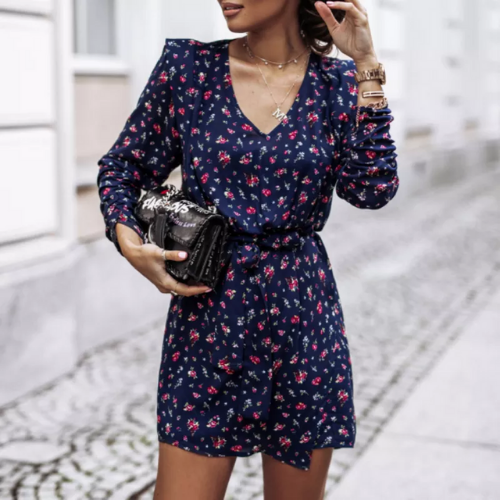 robe bleue imprimée courte à manches longues femme