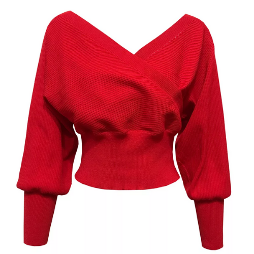 pull court rouge épaules dénudées femme